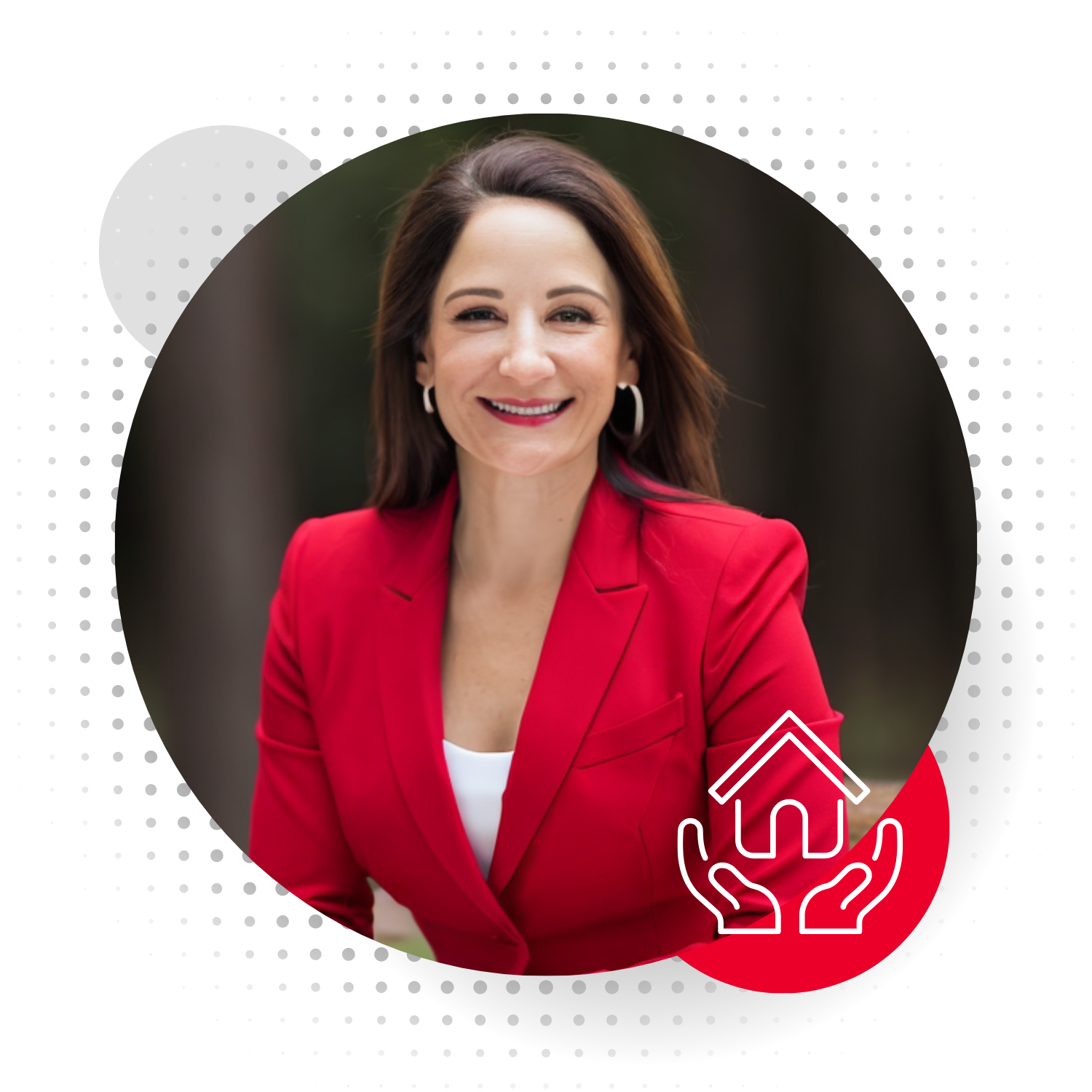 Picture of Pepine Realty and Pepine Gives founder and owner, Betsy Pepine, smiling. She is caucasian, brunette, and wearing a bright red suit with red lipstick.